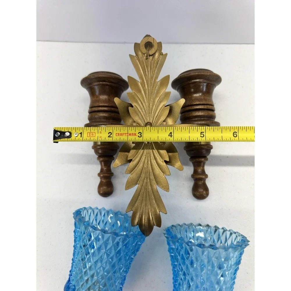 Vintage HTF BLUE Glass Double Wall Candle Sconce Wood Gold Metal 1960s